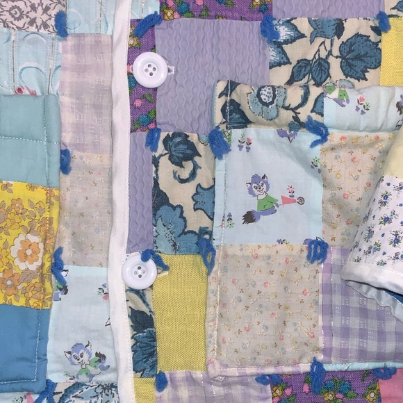 handmade quilt coat patchwork yarn ties blue floral gingham denim collar L/XL - Picture 4 of 6